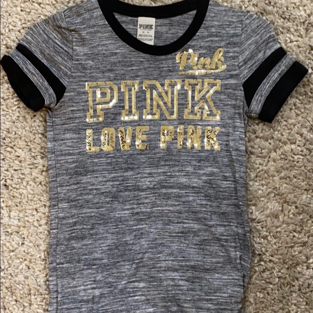 PINK XS Gray Tee with Silver sequins